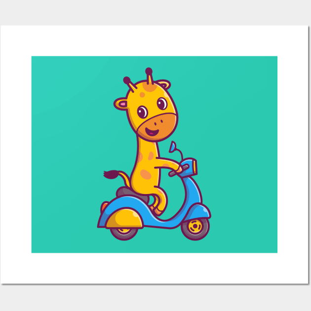 Cute Giraffe Riding Scooter Cartoon Wall Art by Catalyst Labs